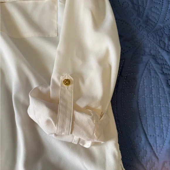 Off-White Button-Up Blouse with Leopard Print Trim and gold details. - Picture 5 of 6